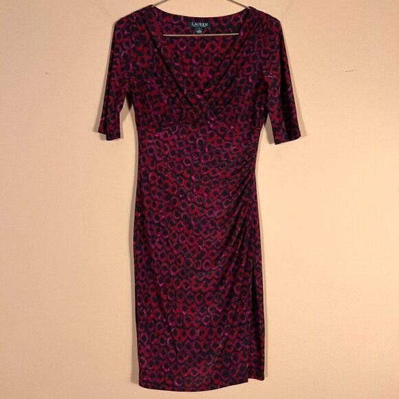 Lauren Ralph Lauren Wrap Geometric Ruched Cocktail Midi Dress Size 4 - Picture 1 of 7